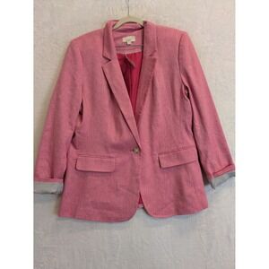 LOFT Pink Linen Blend Blazer Jacket Womens Size 10 Single Button Roll Tab Sleeve